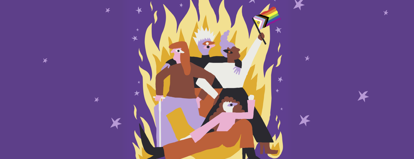 Vier stilisierte Personen vor einer großen Flammenkulisse, eine Person hält eine Regenbogenfahne
