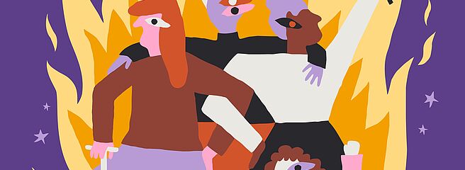 Vier stilisierte Personen vor einer großen Flammenkulisse, eine Person hält eine Regenbogenfahne