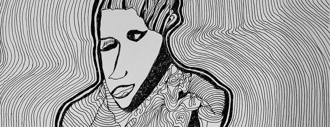 Close-up of a black ink drawing. A stylized female portrait is the focal point, with a slightly angular face and expressive features. The face is framed by an intricate pattern of interwoven, wavy, and parallel lines, creating a sense of depth and texture. These lines seem to emanate from the face and form a sort of abstract hair or garment around her. The lines have varying thicknesses, contributing to the visual dynamism. 