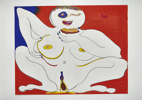 Eine figurative Ölmalerei einer nackten, hellhäutigen weiblichen Figur, die mit einer Hand ihre Brust berührt und in der anderen eine halb aufgegessene Frucht hält, mit einem Auge zwinkert und die Zunge herausstreckt, während Flüssigkeit aus ihrer Vulva austritt.