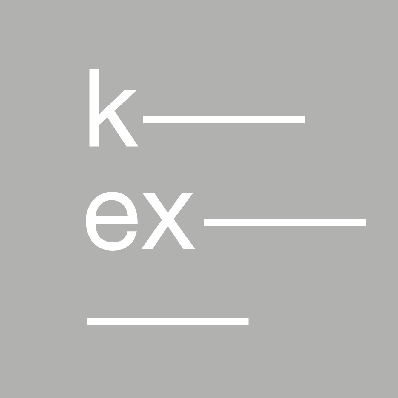 Weiße Buchstaben 'k' und 'ex' mit Unterstrichen auf grauem Hintergrund